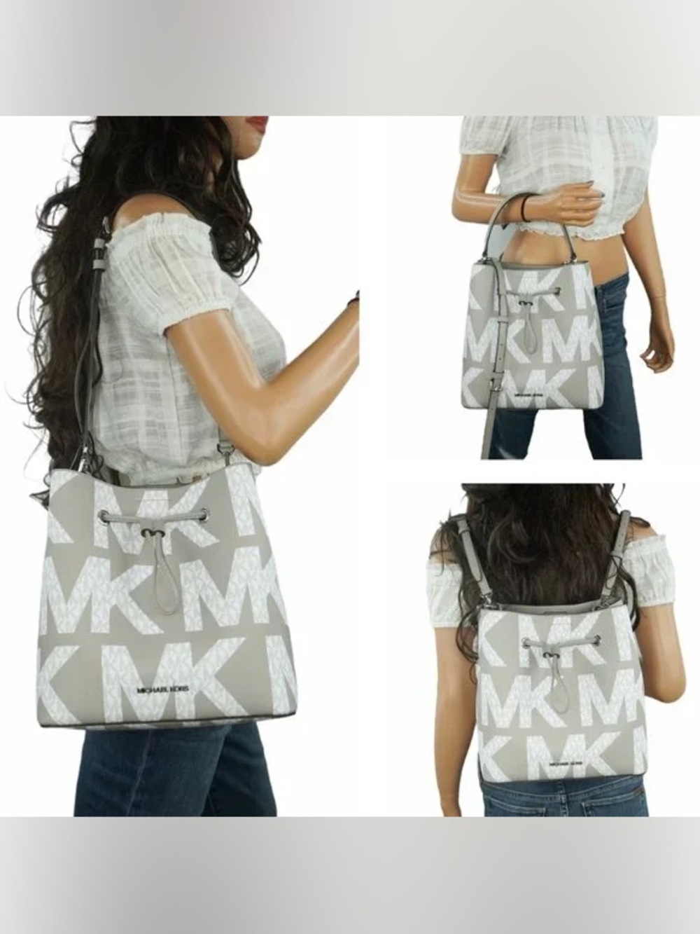 Michael Kors Light Gray MK Logo Drawstring Shoulder Tote